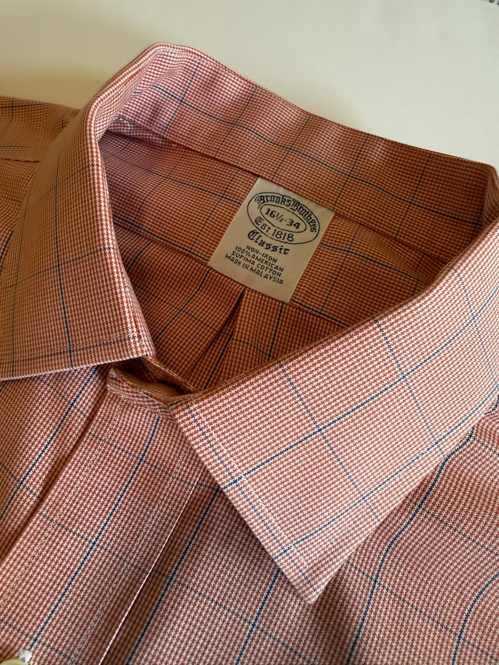Brooks Brothers Men’s Classic Dress Shirt – Size 16½-34 – Salmon Orange Plaid